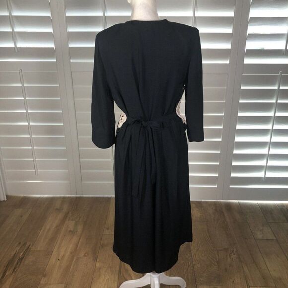 Vtg 80s Impulsive Black Midi Dress 8P Tan Crochet Vest Pleated Shoulder Pads - Picture 8 of 12